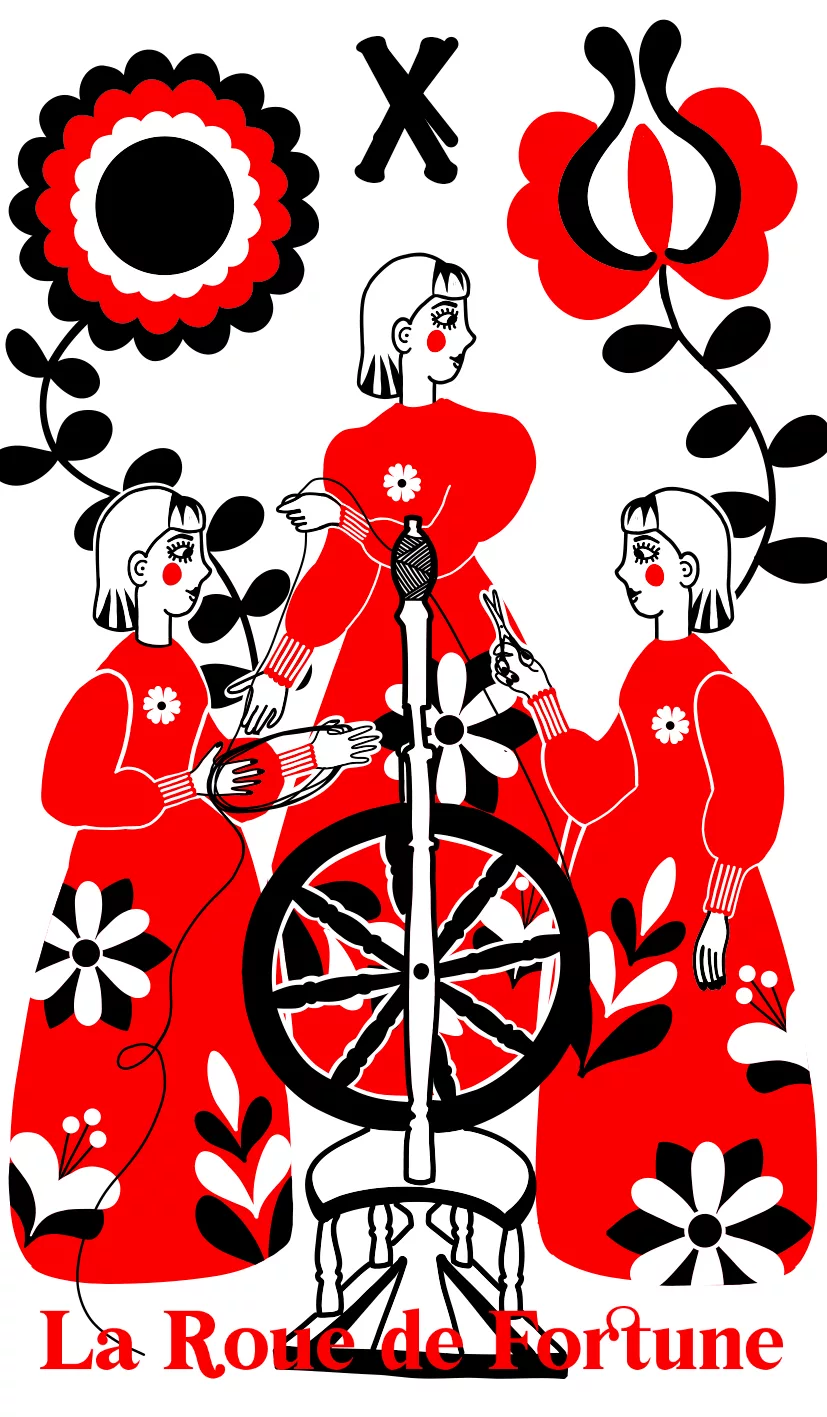 Print A4 de l'arcane La Roue de Fortune aux motifs floraux et couleurs vibrantes, ancienne collection Fortunae Studio