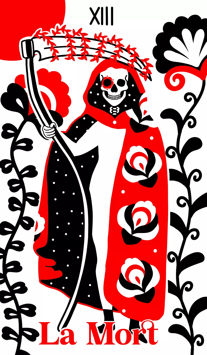 Print A4 de l'arcane La Mort, illustration sombre et lumineuse aux motifs floraux, ancienne collection Fortunae Studio
