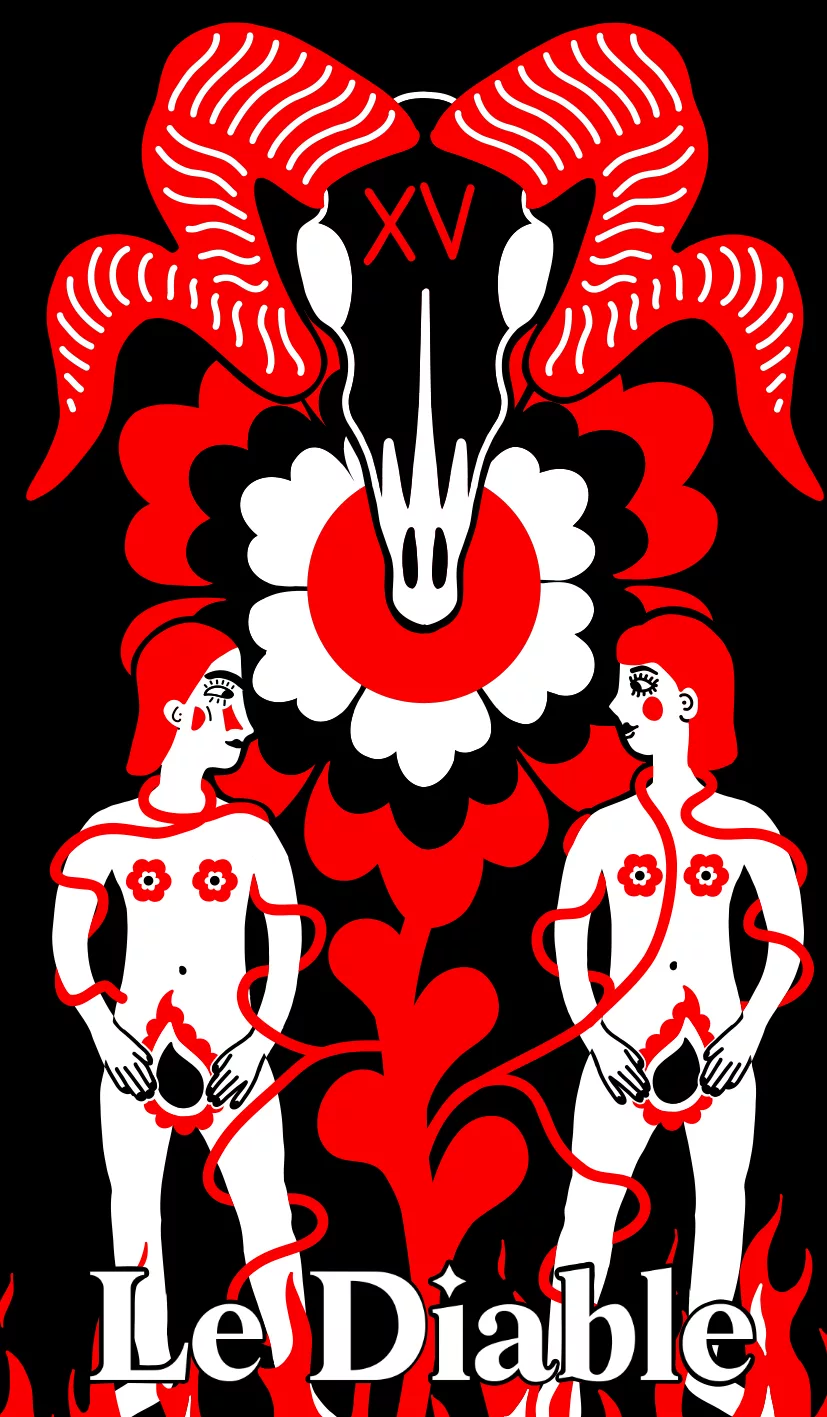 Carte postale illustrée de l'arcane Le Diable en style folk mystique, avec enveloppe assortie, Fortunae Studio