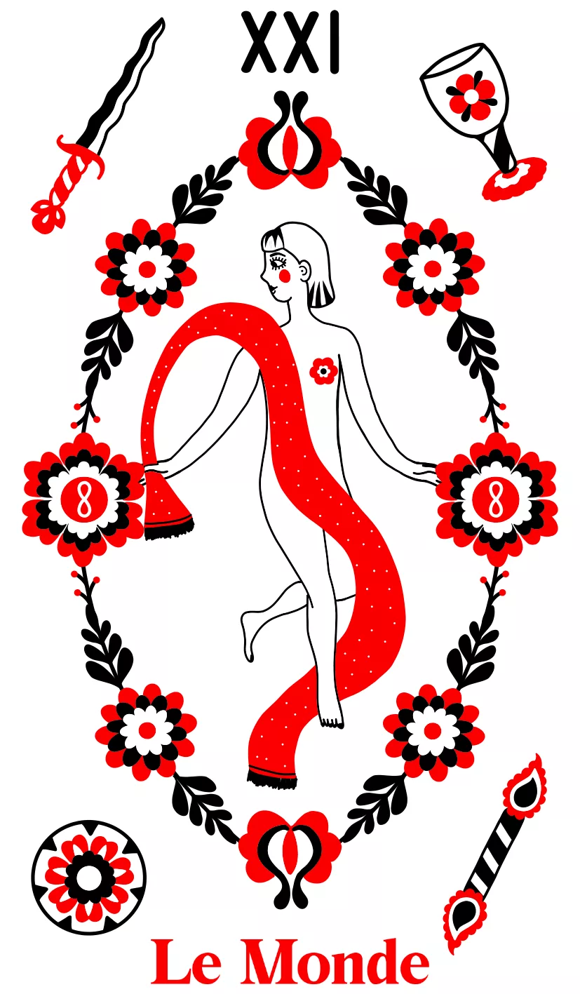 Carte postale illustrée de l'arcane Le Monde en rouge, noir et blanc avec motifs floraux, style pop folk Fortunae Studio