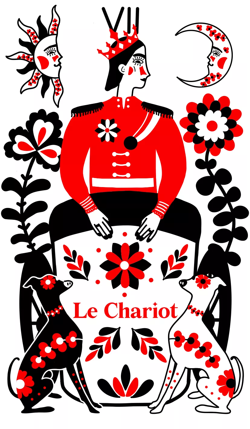 Carte postale illustrée de l'arcane Le Chariot en style folk mystique, avec enveloppe assortie, Fortunae Studio