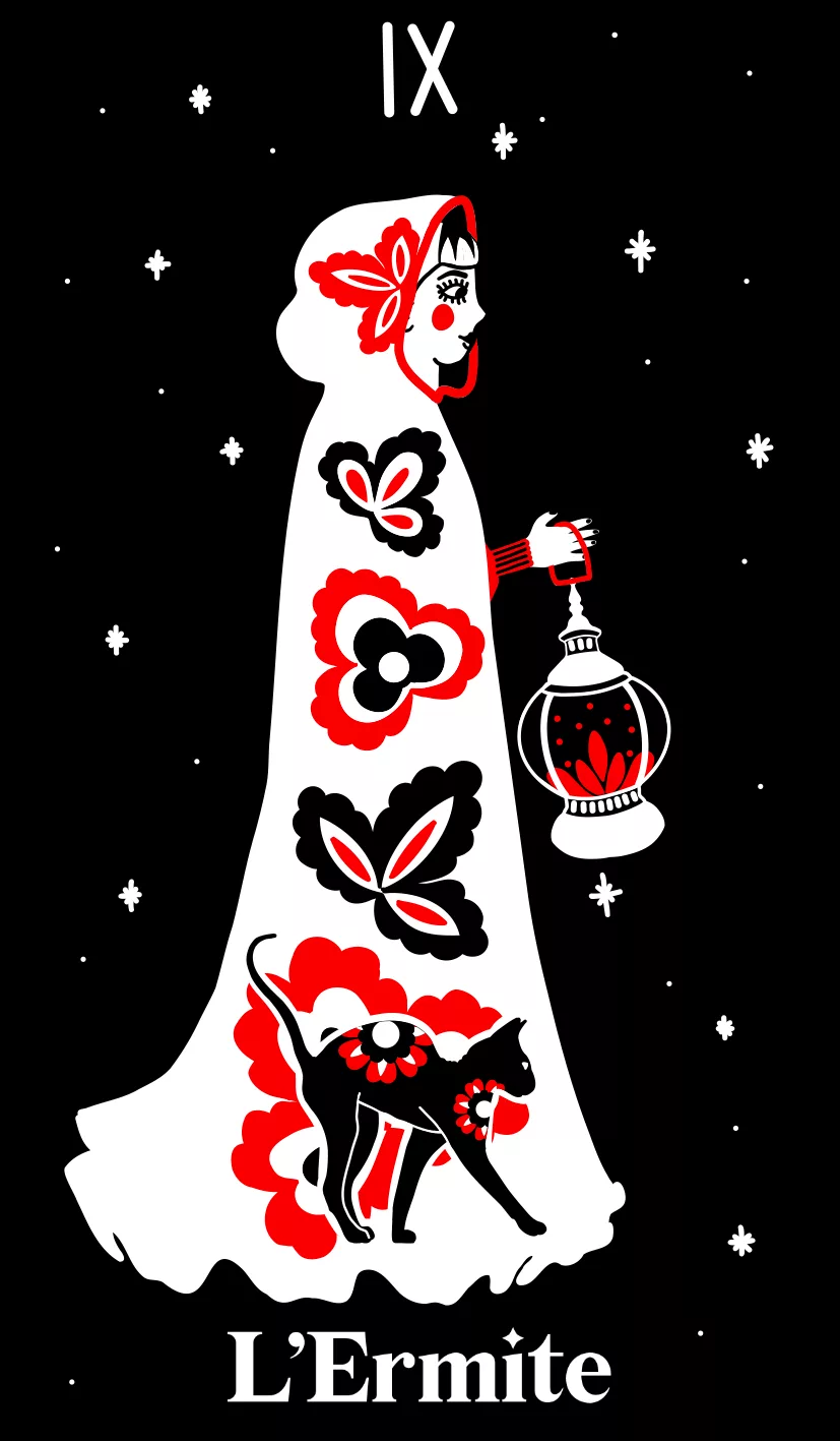 Print A4 de l'arcane L'Ermite, silhouette à la lanterne accompagnée d'un chat noir dans la nuit, ancienne collection Fortunae Studio