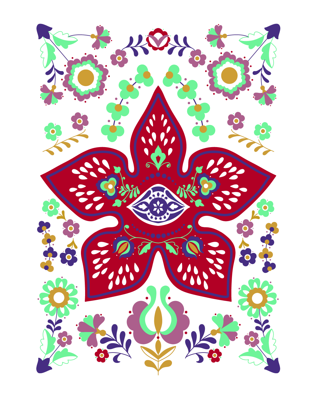 Print A4 du Démogorgon de Stranger Things illustré en style pop folk ésotérique avec fleurs mystiques, édition limitée Fortunae Studio