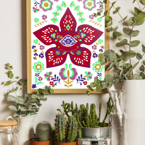 Print A4 du Démogorgon de Stranger Things illustré en style pop folk ésotérique avec fleurs mystiques, édition limitée Fortunae Studio