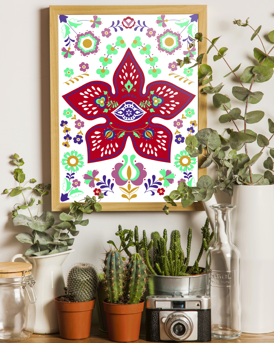 Print A4 du Démogorgon de Stranger Things illustré en style pop folk ésotérique avec fleurs mystiques, édition limitée Fortunae Studio