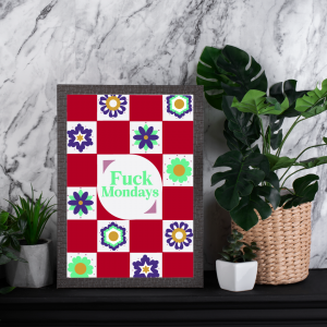 Affiche A4 Fuck Mondays avec bouquet de fleurs folk et motif damier, illustration cathartique anti-lundi de Fortunae Studio